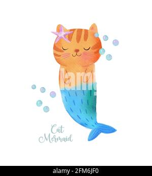 Cute Watercolor Meow-maid Ginger Purr-maid Cat Mermaid. Stock Photo