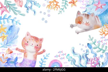 Underwater Watercolor Background with Cat-Mermaid, Purrmaid, Seaweeds, fish. starfish corals, rainbow, shells sea elements. Cartoon kids illustration Stock Photo