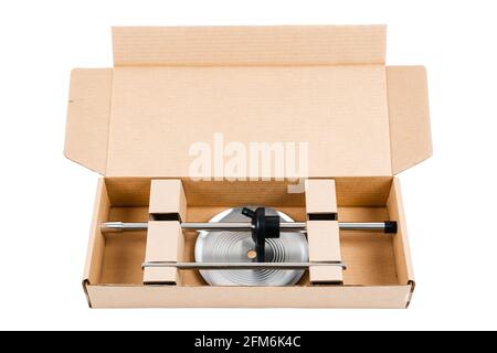 Hookah parts in a cardboard box. Isolated on a white background. Stock Photo