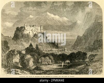 Europa, Österreich, Salzburg, Blick auf die Festung Hohensalzburg, Illustration aus : ' The Illustrated London News ' , vom 2. September 1865 .  /  Europe, Austria, Salzburg, view to the Hohensalzburg Fortress , illustration from : ' The Illustrated London News ' , Sept. 2 , 1865 . Stock Photo