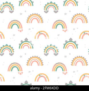 Cute rainbows in boho style, pastel colors. Vector seamless pattern on transparent background. Flat print with dinosaur decor elements and hearts. For wallpaper, packaging, textiles, etc Stock Vector