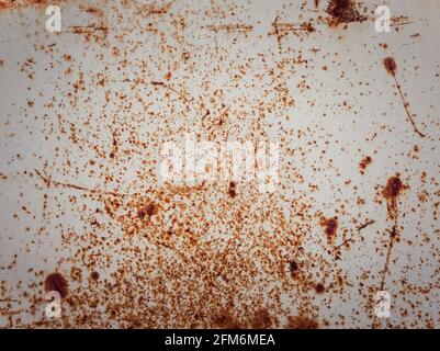 Rusty and rotten metallic structure surface. Grungy, weathered tin sheet decay. Abstract details of weathered construction element. Corrosion texture Stock Photo