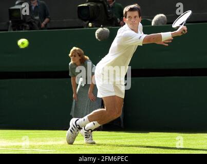 Tim Henman during match with Goran Ivanisevic  at Wimbledon Tennis Championships 2001 Stock Photo