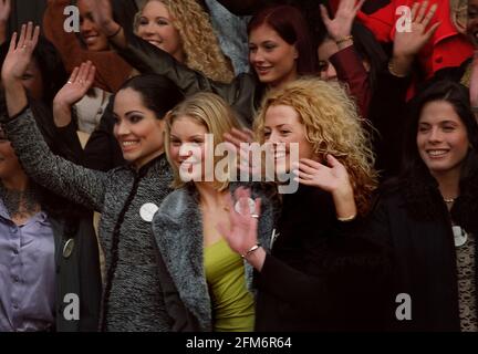 Being introduced to the press Miss United Kingdom Nicola Willoughby (in green) and Miss Wales Clare Daniels (front 2nd from rt.)  in  Leicester square ahead of the Miss World contest in London in December Stock Photo