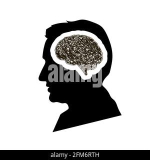 Black detailed mans face profile with brain brain with round messy doodle hatching in head, depression concept on white Stock Vector