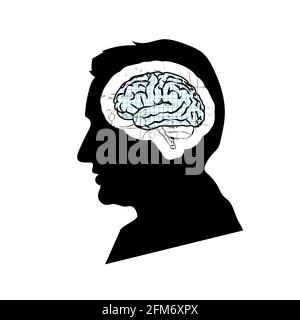 Black detailed mans face profile with math technical brain isolated on white Stock Vector
