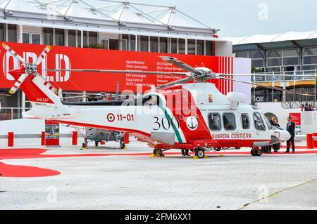 AgustaWestland AW139 helicopter, in Italian Guardia Costiera (Coast Guard) colours, on display at the Farnborough International Airshow 2010 Stock Photo