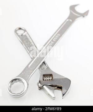 Two metal spanners on plain background Stock Photo