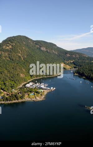 Aerial photo of Genoa Bay and Genoa Bay Marina, Vancouver Island, British Columbia, Canada. Stock Photo