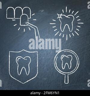 Teeth whitening and protection icon set on chalkboard. Stomatology vector illustration. Stock Vector