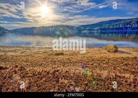 Schluchsee Lake in autumn, in the High Black Forest, Southwest Germany, with frost ripe on the shore Stock Photo
