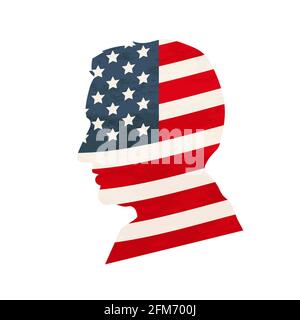 Black detailed realistic mans face profile with USA flag on white Stock Vector