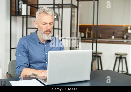 Concentrated middle age male entrepreneur using laptop for remote work, confident gray hair man typing, messaging, working on the new startup sitting at the desk in modern apartment Stock Photo