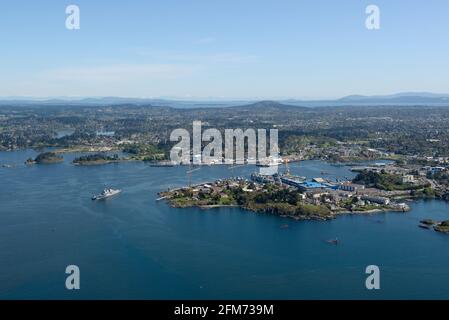 Aerial photograph of  Esquimalt Harbour and View Royal. The CFB Esquimalt Naval dockyard is in the foreground. Victoria, Vancouver Island, British Col Stock Photo