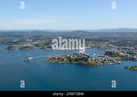 Aerial photograph of  Esquimalt Harbour and the CFB Esquimalt Naval dockyard. Victoria, Vancouver Island, British Columbia Stock Photo