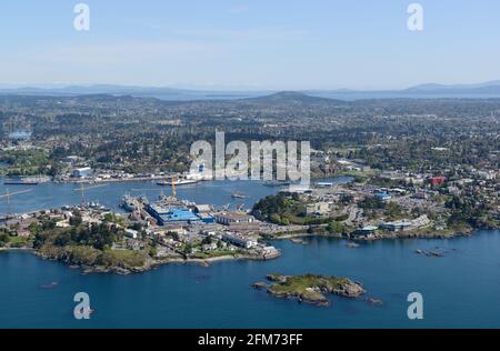 Aerial photograph of  Esquimalt Harbour and the Canadian Forces Base Esquimalt Naval dockyard. Victoria, Vancouver Island, British Columbia Stock Photo