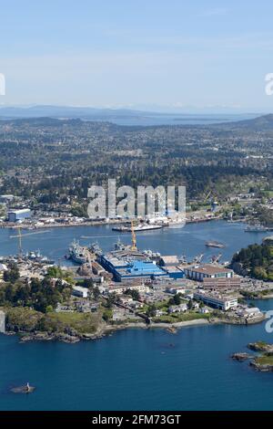 Aerial photograph of  Esquimalt Harbour and the Canadian Forces Base Esquimalt Naval dockyard. Victoria, Vancouver Island, British Columbia Stock Photo