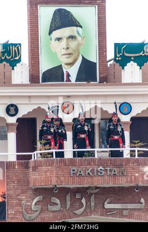 WAGAH, PAKISTAN - JANUARY 26, 2017: Portrait of Muhammad Ali Jinnah, founder of Pakistan, at India-Pakistan border in Wagah. Stock Photo