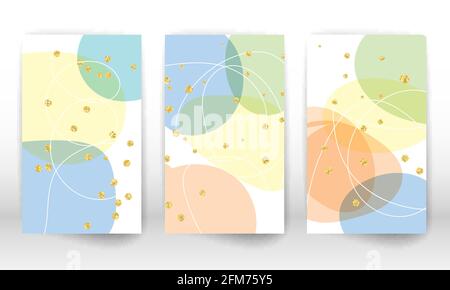Watercolor effect design cover. Abstract hand drawn geometric shapes. Doodle lines, golden particles. Stock Vector