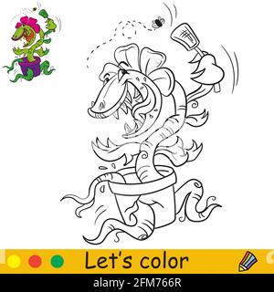 Coloring book page funny carnivorous plant catching up a fly. Cartoon character. Vector isolated illustration. Halloween concept. For coloring book, p Stock Vector