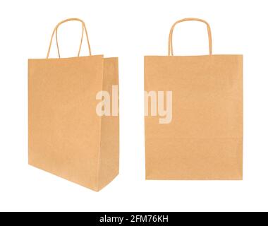 Craft shopping paper bag in two angle views. Isolated on white background. Stock Photo