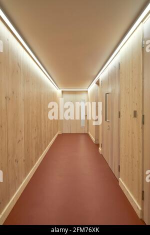 Corridor. Storey Orsman Road, London, United Kingdom. Architect: Waugh Thistleton Architects, 2021. Stock Photo