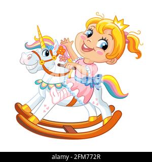 Preschool cute smiling girl riding on fantasy rocking horse. Kindergarten or nursery child recreation activity. Vector character isolated illustration Stock Vector
