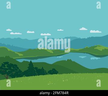 Forest on mountains river landscape background Stock Vector
