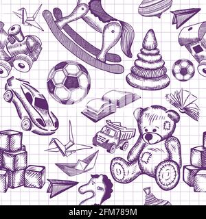 The seamless background of children's toys is drawn with a pen. Vector illustration Stock Vector