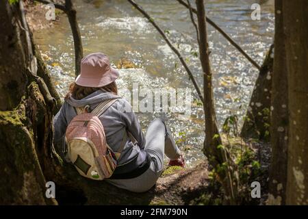 Adventurer Girl In Casual Sport Outfit Sitting On The Tree High Above The River Stock Photo