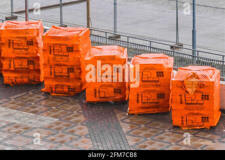 Belarus, Minsk - March 14, 2020: Brick blocks packed industrial materials at a construction site. Stock Photo