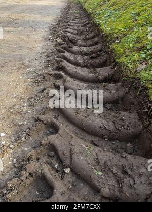 Imprint in the mud of the wheel of a large working machine Stock Photo