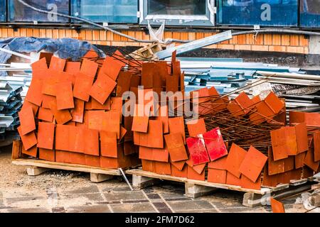 Belarus, Minsk - March 14, 2020: Building materials and bricks storage outdoor at a construction site Stock Photo