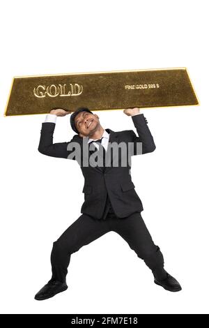 Communicate investment and trading stocks, gold and silver.A man who raises gold over his head with strength. In full with cllpping parh Stock Photo