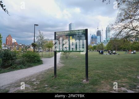 A sign at the entrance of Vauxhall Pleasure Gardens in south London, and referred to by diarest Samuel Pepys in 1662 Stock Photo