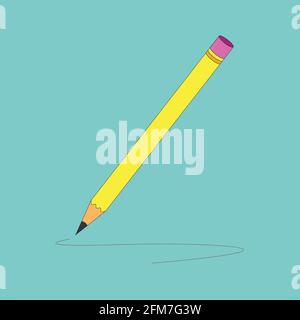 yellow color wooden pencil with eraser isolated on blue tint background Stock Vector