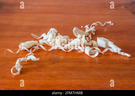 Closeup of wood shavings on a polished wooden table in luthier's workshop Stock Photo