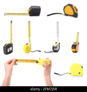 Female hands with set of measuring tapes on white background Stock Photo