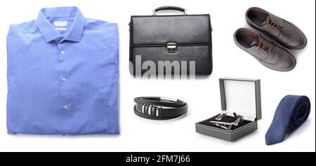 Stylish male accessories on white background Stock Photo