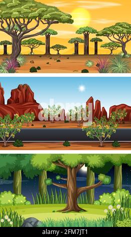 Set of different forest horizontal scenes illustration Stock Vector