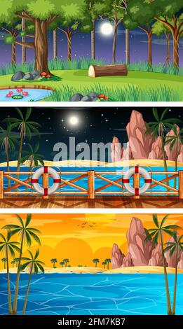 Three different nature horizontal scenes illustration Stock Vector