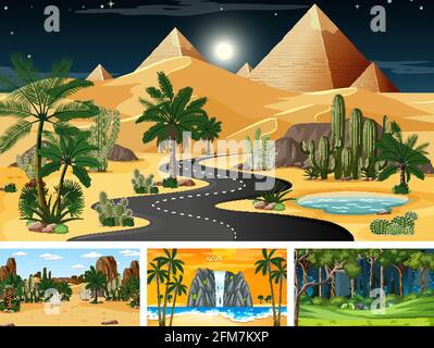 Set of different nature horizontal scenes illustration Stock Vector