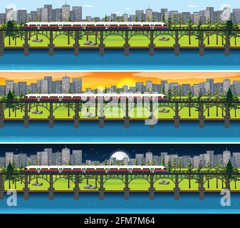 View of city in different time in a day illustration Stock Vector