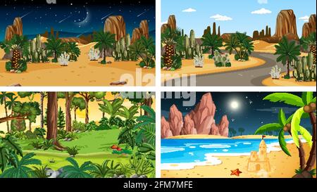 Four different nature horizontal scenes illustration Stock Vector