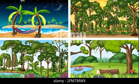 Four different nature horizontal scenes illustration Stock Vector