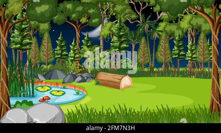 Forest landscape scene at night with many trees illustration Stock ...