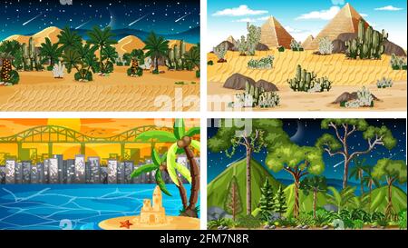 Four different nature horizontal scenes illustration Stock Vector