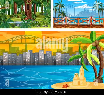 Three different nature horizontal scenes illustration Stock Vector