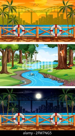 Set of different forest horizontal scenes in different times illustration Stock Vector