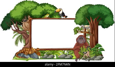 Empty banner with wild animals and rainforest trees on white background ...